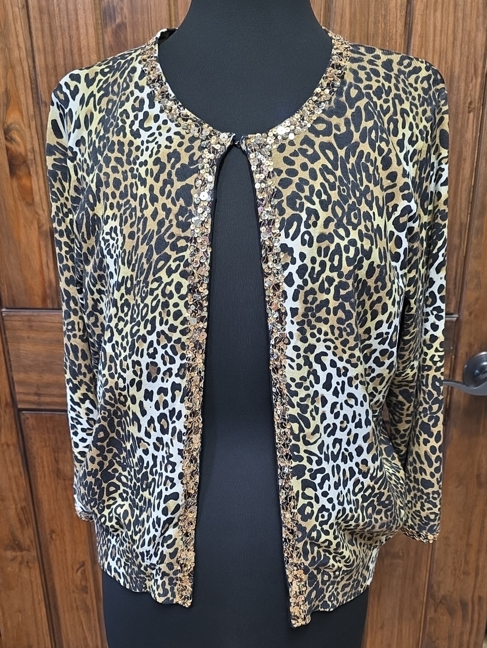 ECI Leopard Print Sequin-Trim Jacket in Tan and Black - Size XL